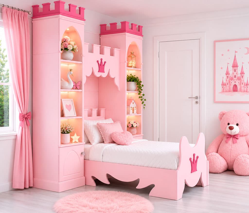 Habitación infantil con estanterías y cama de diseño a medida en Noia