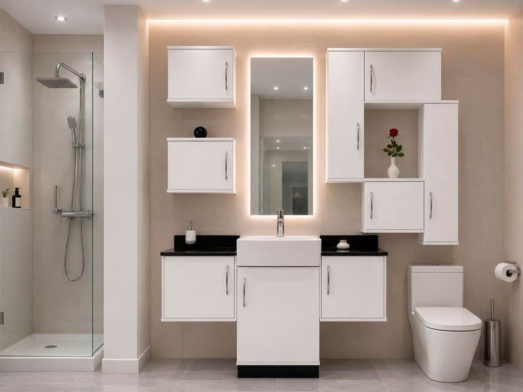 Mueble de baño con encimera negra y altillos fabricado en Noia