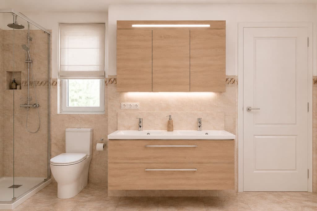 Mueble de baño lacado en rojo con columna a juego en Noia